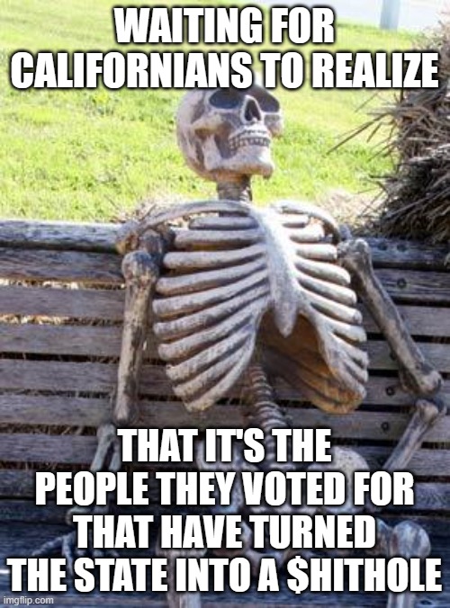 Waiting Skeleton | WAITING FOR CALIFORNIANS TO REALIZE; THAT IT'S THE PEOPLE THEY VOTED FOR THAT HAVE TURNED THE STATE INTO A $HITHOLE | image tagged in memes,waiting skeleton | made w/ Imgflip meme maker