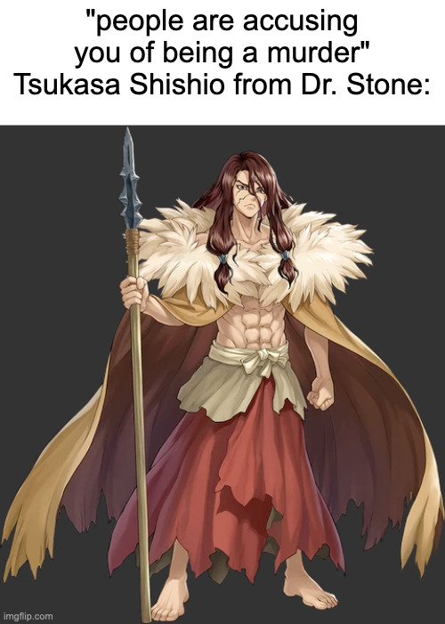 Tsukasa Shishio | "people are accusing you of being a murder"
Tsukasa Shishio from Dr. Stone: | image tagged in tsukasa shishio | made w/ Imgflip meme maker