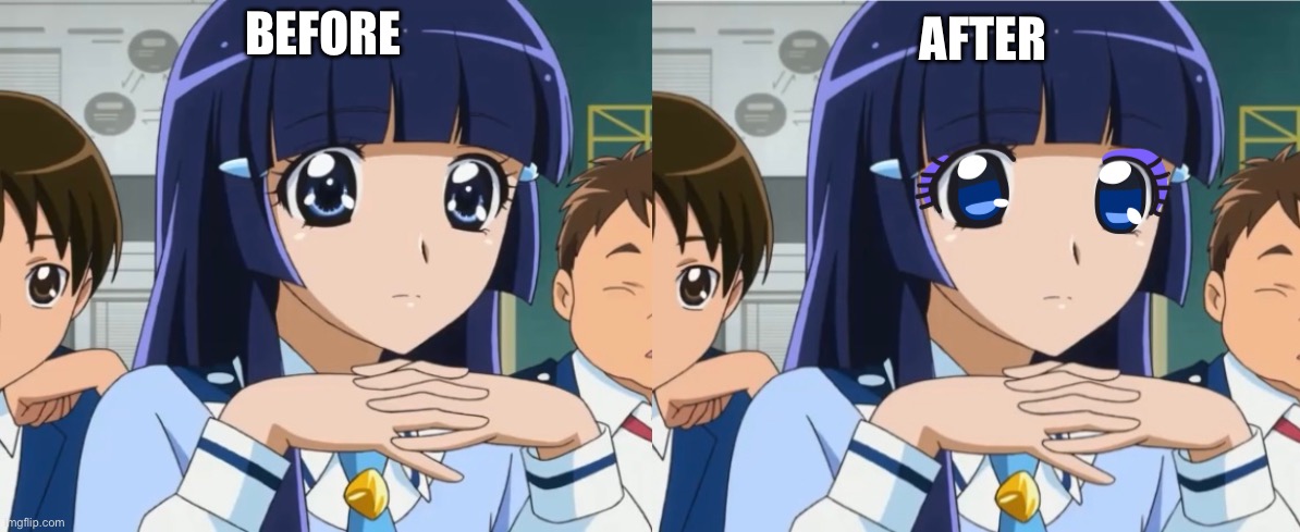 Eye change + eyeshadow = | AFTER; BEFORE | image tagged in smile precure,precure,edit,bad end precure | made w/ Imgflip meme maker