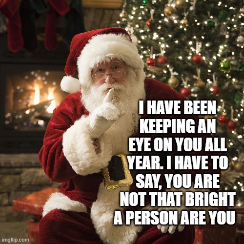 I HAVE BEEN KEEPING AN EYE ON YOU ALL YEAR. I HAVE TO SAY, YOU ARE NOT THAT BRIGHT A PERSON ARE YOU | image tagged in santa claus | made w/ Imgflip meme maker