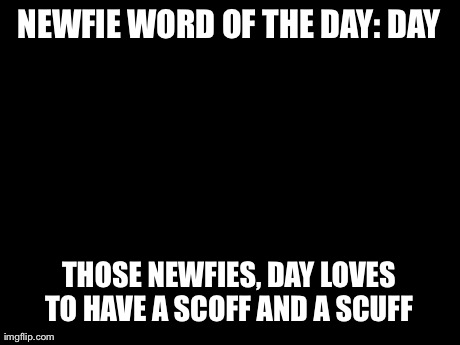 Newfie Word: Day | NEWFIE WORD OF THE DAY: DAY THOSE NEWFIES, DAY LOVES TO HAVE A SCOFF AND A SCUFF | image tagged in memes,unpopular opinion puffin | made w/ Imgflip meme maker