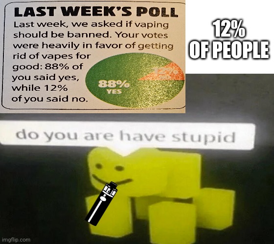 Don't vape kids. It kills you're braincells. | 12% OF PEOPLE | image tagged in do you are have stupid | made w/ Imgflip meme maker
