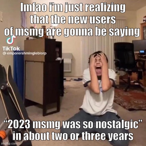 LMFAOAOAO “the skibidi toilet memes were so nostalgic!!” “ikr??” | lmfao i’m just realizing that the new users of msmg are gonna be saying; “2023 msmg was so nostalgic” in about two or three years | image tagged in me rn | made w/ Imgflip meme maker