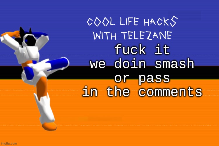 cool life hacks with telezane | fuck it we doin smash or pass in the comments | image tagged in cool life hacks with telezane | made w/ Imgflip meme maker