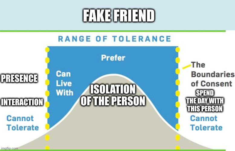 fake friend | FAKE FRIEND; PRESENCE; ISOLATION OF THE PERSON; SPEND THE DAY WITH THIS PERSON; INTERACTION | image tagged in range of tolerance | made w/ Imgflip meme maker