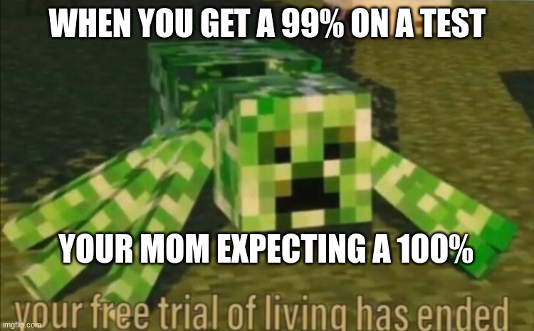 Your Free Trial of Living Has Ended | WHEN YOU GET A 99% ON A TEST; YOUR MOM EXPECTING A 100% | image tagged in your free trial of living has ended | made w/ Imgflip meme maker