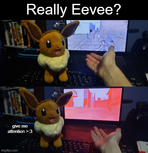 EEVEE GET OFF MY KEYBOARD! >:C | Really Eevee? give me attention >:3 | image tagged in eevee | made w/ Imgflip meme maker