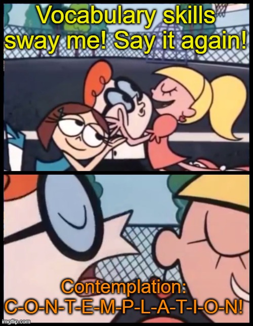 Say it Again, Dexter Meme | Vocabulary skills sway me! Say it again! Contemplation: C-O-N-T-E-M-P-L-A-T-I-O-N! | image tagged in memes,say it again dexter | made w/ Imgflip meme maker