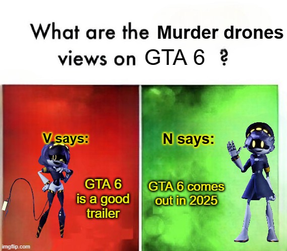I'm being forced to play GTA 6 | GTA 6; GTA 6 is a good trailer; GTA 6 comes out in 2025 | image tagged in what are the murder drones views on,memes,funny | made w/ Imgflip meme maker