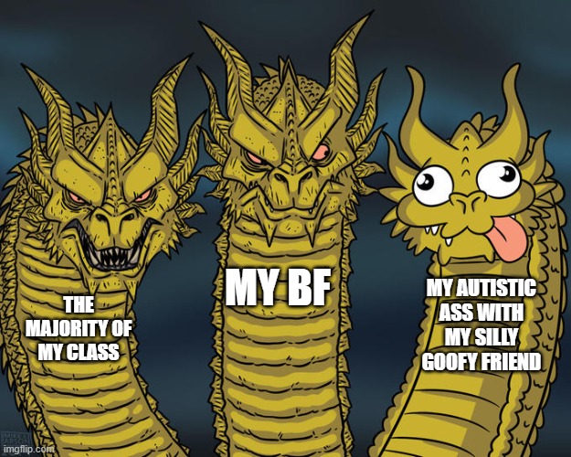 i can no longer contain the unbridled whimsy within me | MY BF; MY AUTISTIC ASS WITH MY SILLY GOOFY FRIEND; THE MAJORITY OF MY CLASS | image tagged in three-headed dragon | made w/ Imgflip meme maker