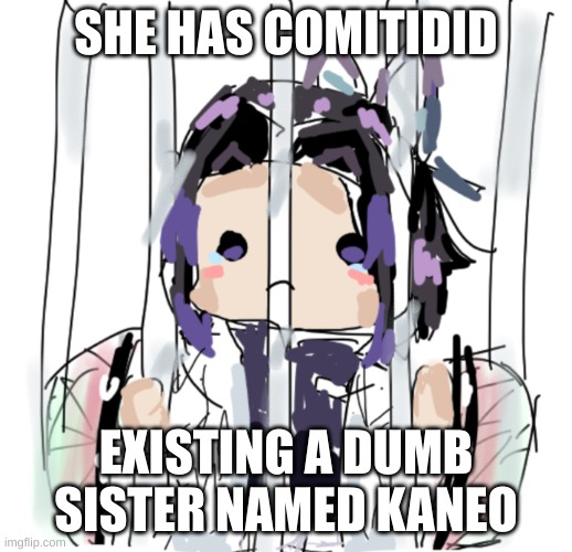 Shinobu in jail | SHE HAS COMITIDID; EXISTING A DUMB SISTER NAMED KANEO | image tagged in shinobu in jail | made w/ Imgflip meme maker