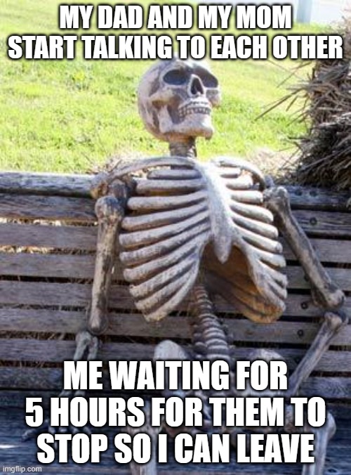 my mom and my dad stall for fun | MY DAD AND MY MOM START TALKING TO EACH OTHER; ME WAITING FOR 5 HOURS FOR THEM TO STOP SO I CAN LEAVE | image tagged in memes,waiting skeleton | made w/ Imgflip meme maker