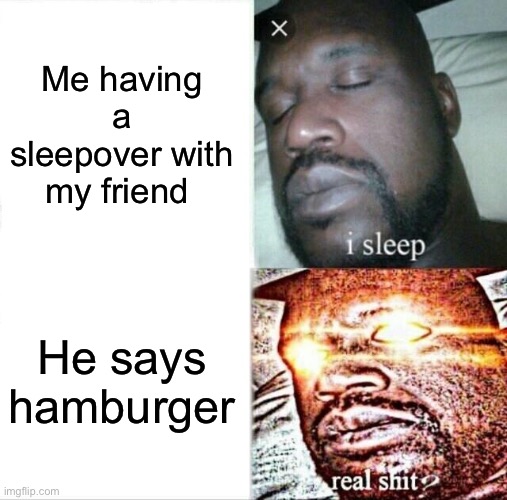 Sleeping Shaq Meme | Me having a sleepover with my friend; He says hamburger | image tagged in memes,sleeping shaq | made w/ Imgflip meme maker