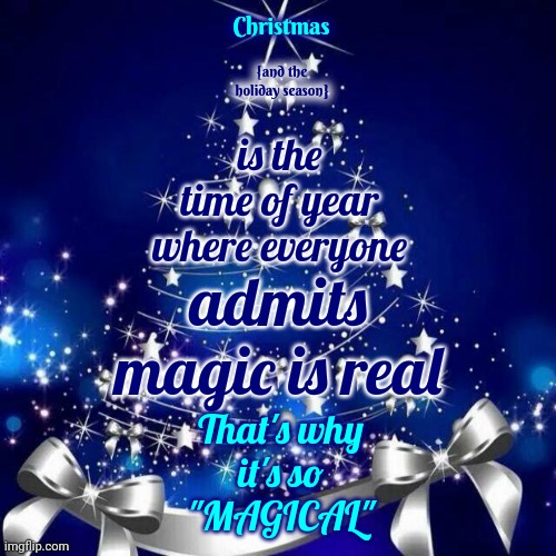 Christmas Magic | Christmas; {and the holiday season}; is the time of year where everyone; admits magic is real; That's why
it's so
"MAGICAL" | image tagged in merry christmas,magic is real,christmas magic,do not cite the deep magic to me witch,magic,memes | made w/ Imgflip meme maker