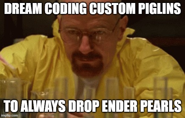 he has to be cheating | DREAM CODING CUSTOM PIGLINS; TO ALWAYS DROP ENDER PEARLS | image tagged in walter white cooking,dream,minecraft | made w/ Imgflip meme maker