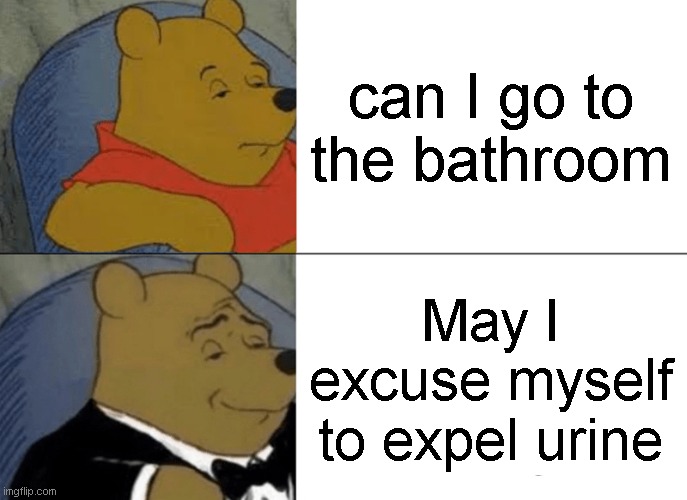 Tuxedo Winnie The Pooh Meme | can I go to the bathroom; May I excuse myself to expel urine | image tagged in memes,tuxedo winnie the pooh | made w/ Imgflip meme maker