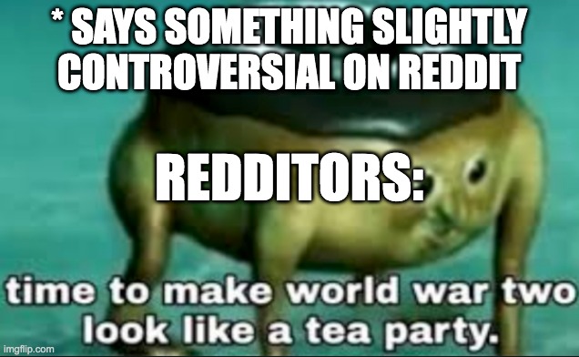 time to make world war 2 look like a tea party | * SAYS SOMETHING SLIGHTLY CONTROVERSIAL ON REDDIT; REDDITORS: | image tagged in time to make world war 2 look like a tea party | made w/ Imgflip meme maker