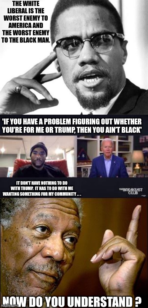 We've been warned for 60+ years | 'IF YOU HAVE A PROBLEM FIGURING OUT WHETHER YOU’RE FOR ME OR TRUMP, THEN YOU AIN’T BLACK'; IT DON'T HAVE NOTHING TO DO WITH TRUMP.  IT HAS TO DO WITH ME WANTING SOMETHING FOR MY COMMUNITY . . . NOW DO YOU UNDERSTAND ? | image tagged in racist,joe biden,liberals,democrats,leftists,black community | made w/ Imgflip meme maker