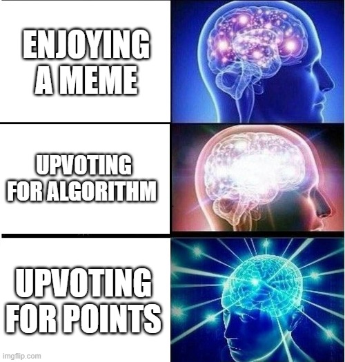 me on imgflip | ENJOYING A MEME; UPVOTING FOR ALGORITHM; UPVOTING FOR POINTS | image tagged in expanding brain 3 panels | made w/ Imgflip meme maker