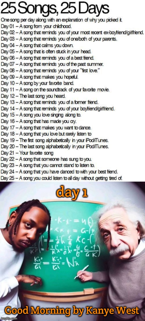 Gonna do this for the full 25 days IG (explanation in comments | day 1; Good Morning by Kanye West | image tagged in intelligence | made w/ Imgflip meme maker