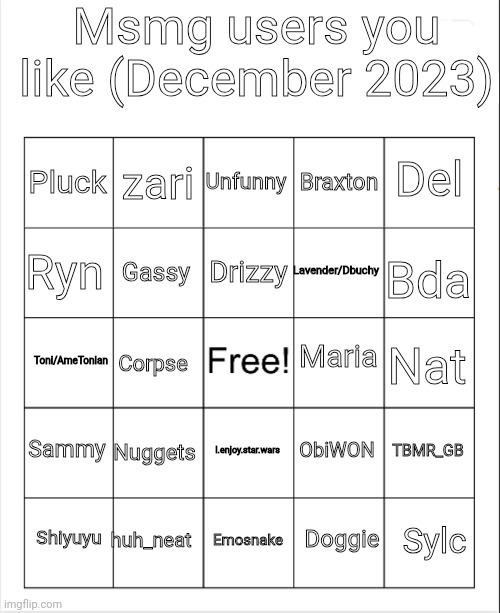 Blank Bingo | Msmg users you like (December 2023); Unfunny; zari; Del; Pluck; Braxton; Drizzy; Ryn; Lavender/Dbuchy; Bda; Gassy; Maria; Nat; Toni/AmeTonian; Corpse; Sammy; Nuggets; TBMR_GB; ObiWON; I.enjoy.star.wars; huh_neat; Sylc; Shiyuyu; Emosnake; Doggie | made w/ Imgflip meme maker
