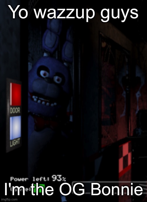 Bonnie at the Door | Yo wazzup guys; I'm the OG Bonnie | image tagged in bonnie at the door | made w/ Imgflip meme maker