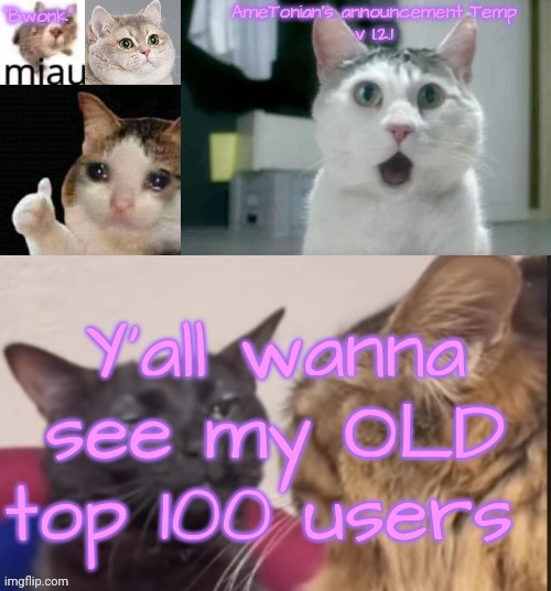 AmeTonian's announcement Temp v 1.2.1 | Y'all wanna see my OLD top 100 users | image tagged in ametonian's announcement temp v 1 2 1 | made w/ Imgflip meme maker