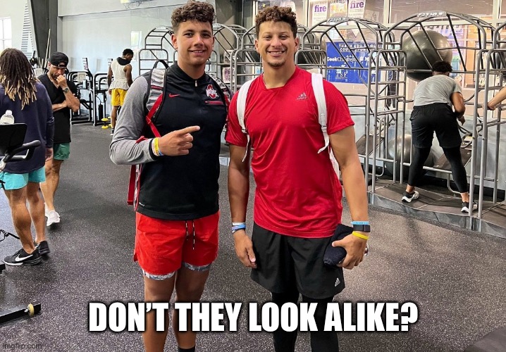 Dylan And Patrick look like twins? | DON’T THEY LOOK ALIKE? | image tagged in dylan raiola and patrick mahomes,ncaa,nfl,nebraska,kansas city chiefs | made w/ Imgflip meme maker
