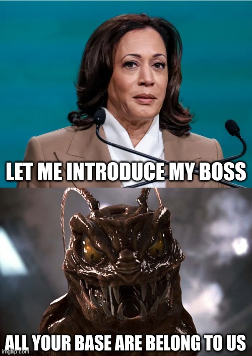 Bug Man | LET ME INTRODUCE MY BOSS; ALL YOUR BASE ARE BELONG TO US | image tagged in kamala harris,aliens,alien,bizarre/oddities | made w/ Imgflip meme maker