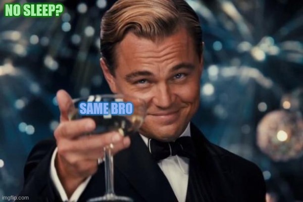 none at all | NO SLEEP? SAME BRO | image tagged in memes,leonardo dicaprio cheers | made w/ Imgflip meme maker