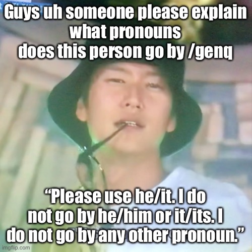 I’m not really into pronouns (or I’m probably just too dumb to understand) | Guys uh someone please explain
what pronouns does this person go by /genq; “Please use he/it. I do not go by he/him or it/its. I do not go by any other pronoun.” | image tagged in i m high number 3 | made w/ Imgflip meme maker
