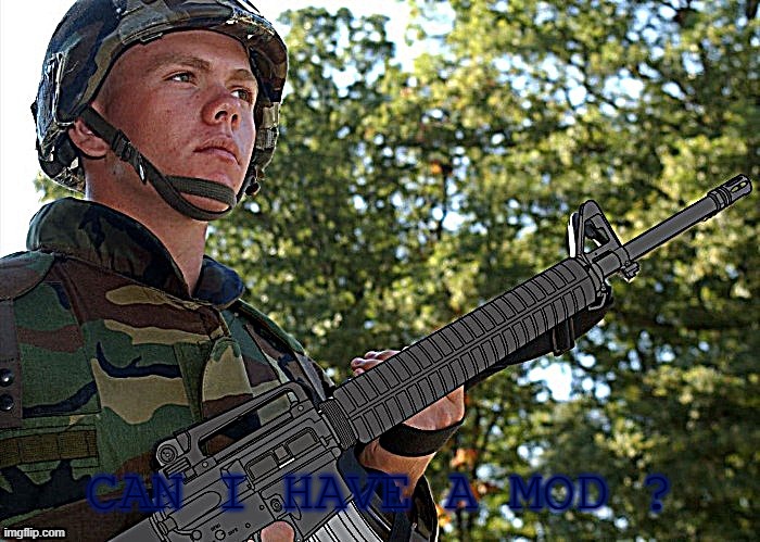 Mod Please... | CAN I HAVE A MOD ? | image tagged in eroican soldier welding an colt m16a3 template better version,pro-fandom,mod please | made w/ Imgflip meme maker