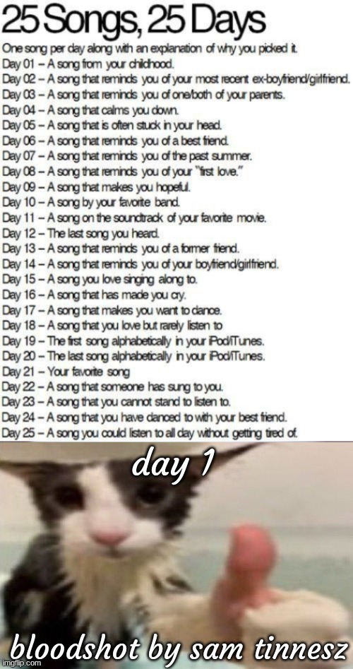 day 1; bloodshot by sam tinnesz | image tagged in 25 songs,soggy cat thumbs up | made w/ Imgflip meme maker