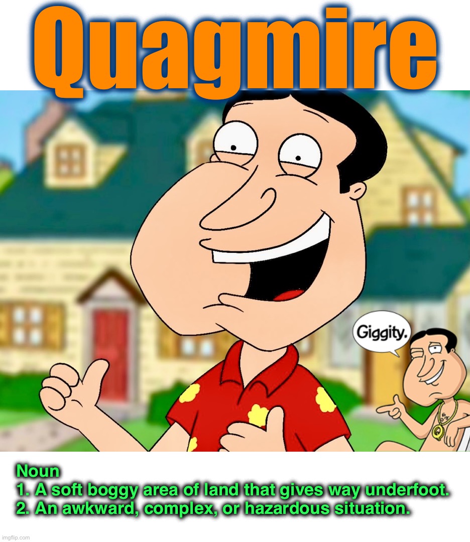 Word of the Day “Q” | Quagmire; Noun
1. A soft boggy area of land that gives way underfoot.
2. An awkward, complex, or hazardous situation. | image tagged in quagmire,word of the day,memes,family guy,giggity | made w/ Imgflip meme maker