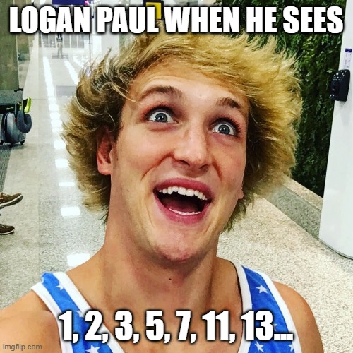logan paul 2017 | LOGAN PAUL WHEN HE SEES 1, 2, 3, 5, 7, 11, 13... | image tagged in logan paul 2017 | made w/ Imgflip meme maker
