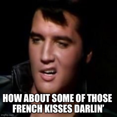 Elvis, thank you | HOW ABOUT SOME OF THOSE 
FRENCH KISSES DARLIN’ | image tagged in elvis thank you | made w/ Imgflip meme maker