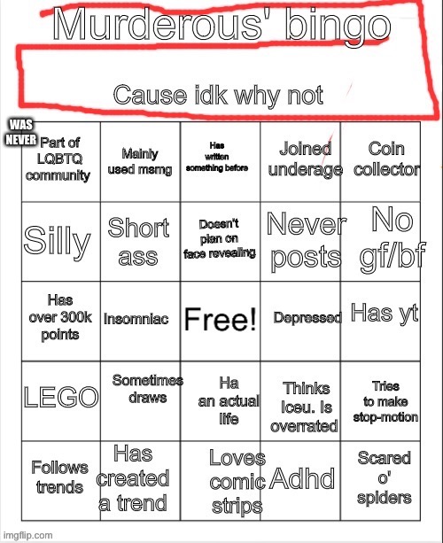 Murderous bingo (fixed version) | image tagged in murderous bingo fixed version | made w/ Imgflip meme maker