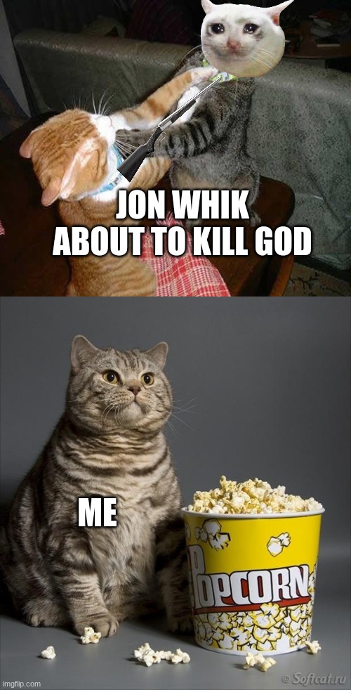 Cat watching other cats fight | JON WHIK ABOUT TO KILL GOD ME | image tagged in cat watching other cats fight | made w/ Imgflip meme maker