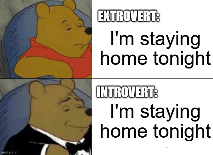 Tuxedo Winnie The Pooh Meme | EXTROVERT:; I'm staying home tonight; INTROVERT:; I'm staying home tonight | image tagged in memes,tuxedo winnie the pooh | made w/ Imgflip meme maker