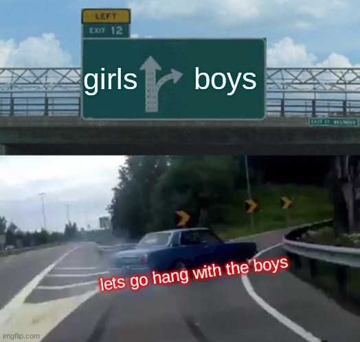 Left Exit 12 Off Ramp | girls; boys; lets go hang with the boys | image tagged in memes,left exit 12 off ramp | made w/ Imgflip meme maker