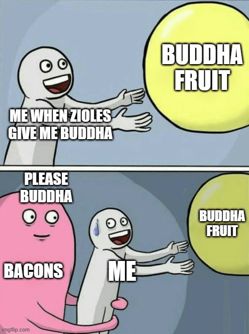 P.O.V you finally reached the seond sea | BUDDHA FRUIT; ME WHEN ZIOLES GIVE ME BUDDHA; PLEASE BUDDHA; BUDDHA FRUIT; BACONS; ME | image tagged in memes,running away balloon | made w/ Imgflip meme maker
