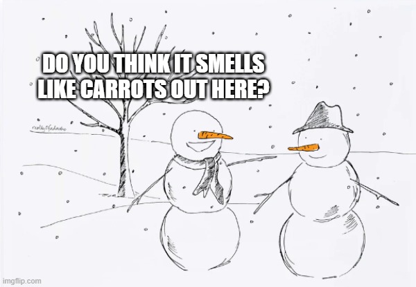 Smells like carrots | DO YOU THINK IT SMELLS LIKE CARROTS OUT HERE? | image tagged in snowmen talking | made w/ Imgflip meme maker