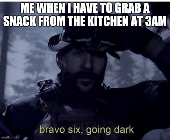 Bravo six going dark | ME WHEN I HAVE TO GRAB A SNACK FROM THE KITCHEN AT 3AM | image tagged in bravo six going dark | made w/ Imgflip meme maker