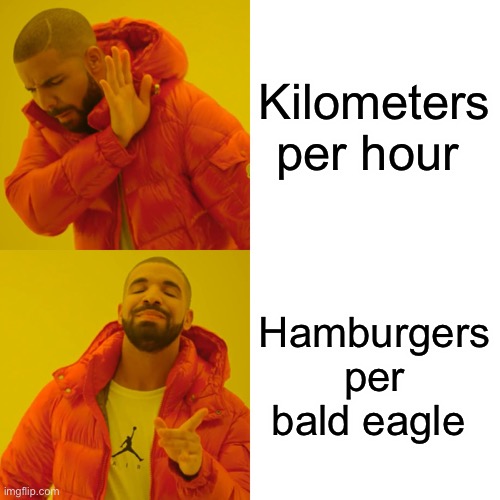 Drake Hotline Bling Meme | Kilometers per hour; Hamburgers per bald eagle | image tagged in memes,drake hotline bling,hamburgers,bald eagle,kilometers | made w/ Imgflip meme maker