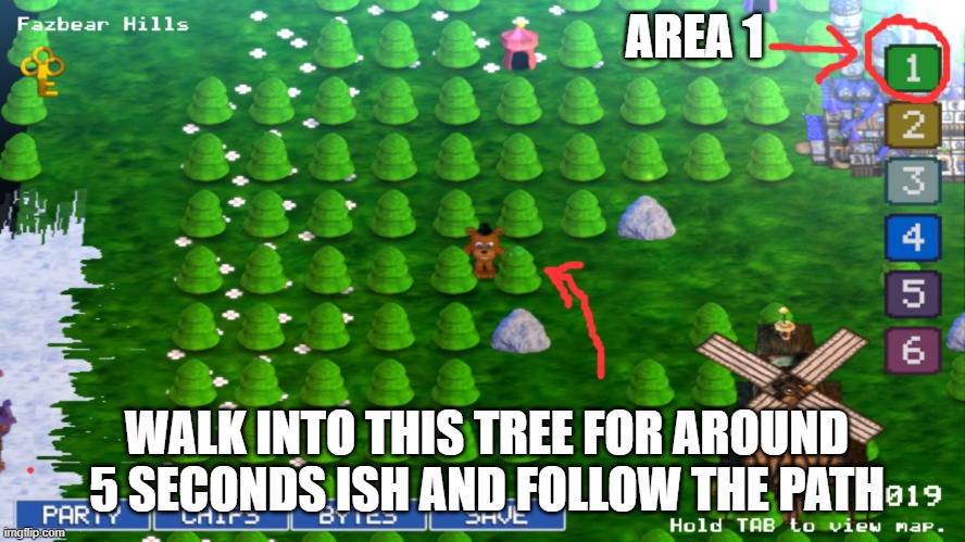 AREA 1 WALK INTO THIS TREE FOR AROUND 5 SECONDS ISH AND FOLLOW THE PATH | made w/ Imgflip meme maker