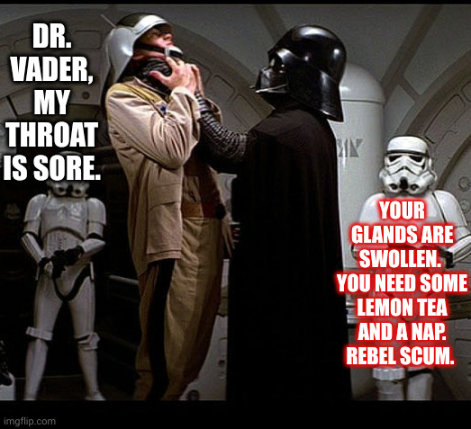 Darth Vader episode IV | YOUR GLANDS ARE SWOLLEN. 

YOU NEED SOME LEMON TEA AND A NAP. REBEL SCUM. DR. VADER, MY THROAT IS SORE. | image tagged in darth vader episode iv | made w/ Imgflip meme maker