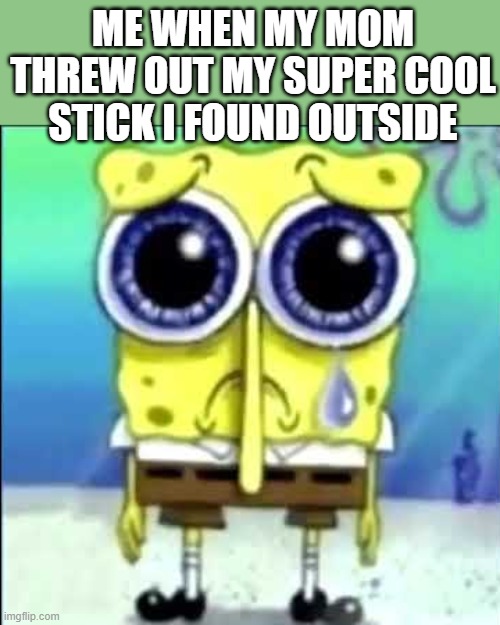 WAAAHHHH | ME WHEN MY MOM THREW OUT MY SUPER COOL STICK I FOUND OUTSIDE | image tagged in sad spongebob | made w/ Imgflip meme maker