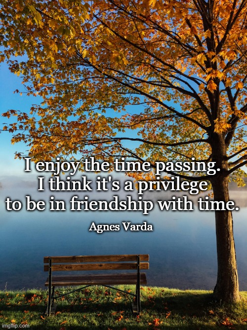 Passing of Time | I enjoy the time passing. I think it's a privilege to be in friendship with time. Agnes Varda | image tagged in time,positive,agnes varda,growing old | made w/ Imgflip meme maker