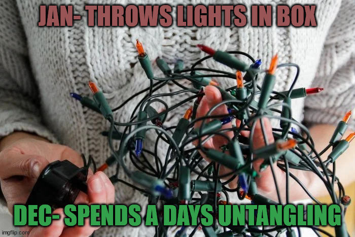 Lightangle | JAN- THROWS LIGHTS IN BOX; DEC- SPENDS A DAYS UNTANGLING | image tagged in xmas,christmas lights,tangled | made w/ Imgflip meme maker