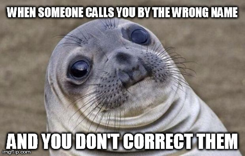 Awkward Moment Sealion | WHEN SOMEONE CALLS YOU BY THE WRONG NAME AND YOU DON'T CORRECT THEM | image tagged in awkward sealion,AdviceAnimals | made w/ Imgflip meme maker